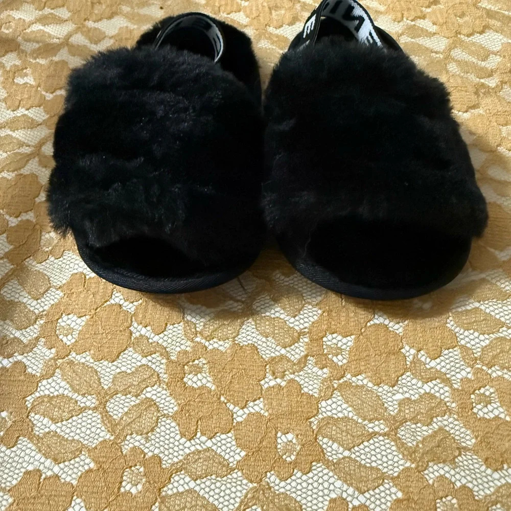Black Faux Fur slides crib shoes 6m-12m - Picture 2 of 5
